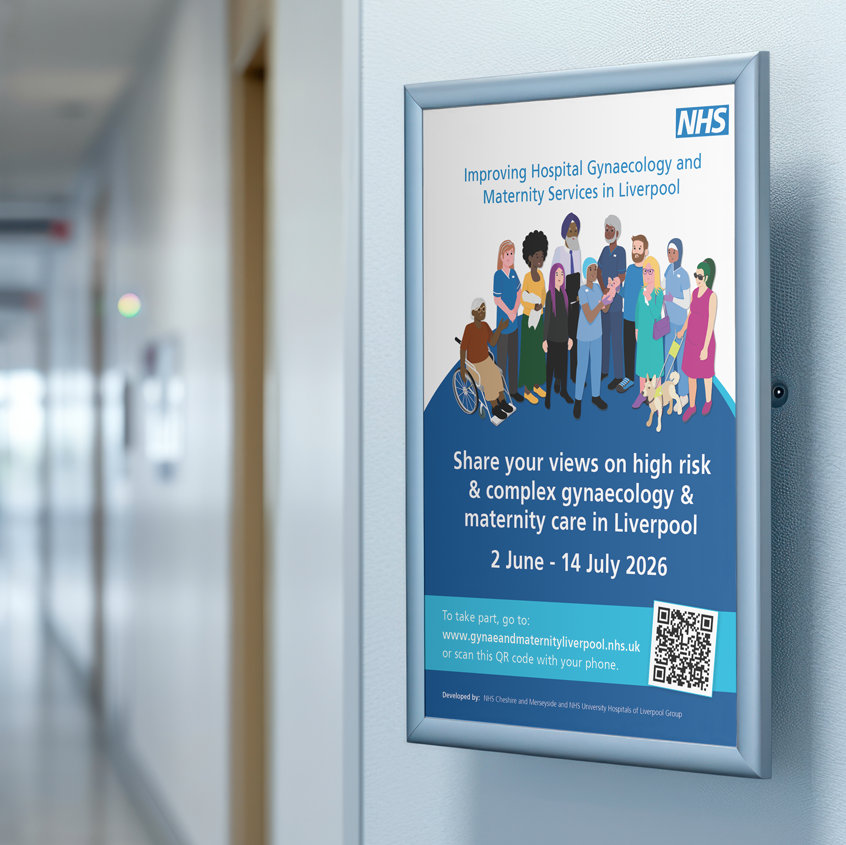 An image showing a corridor with an A4 poster on the wall. The poster is white with a dark blue circle in the bottom 2 thirds of it. The top right has the NHS logo with the words Improving hospital gynaecology and maternity services in Liverpool. The