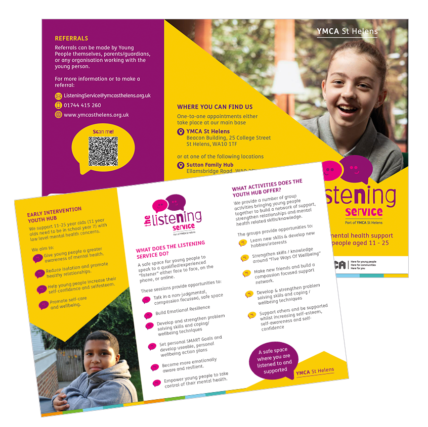 An image of the leaflet templates for the listening service. There is a yellow angled device with a young girl behind. The leaflet uses the speech bubbles as bullet points and graphical elements.