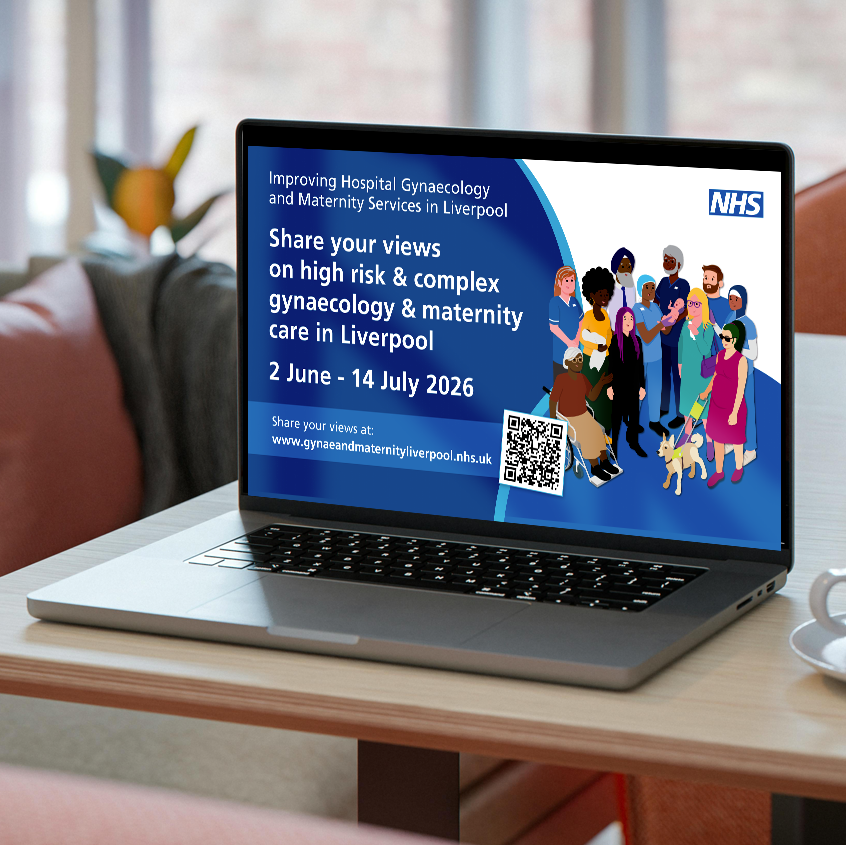 An image of a laptop showing a desktop image with a dark blue circle in the left 2 thirds of it. The top right has the NHS logo with the words Improving hospital gynaecology and maternity services in Liverpool. There is an illustration of a group of 