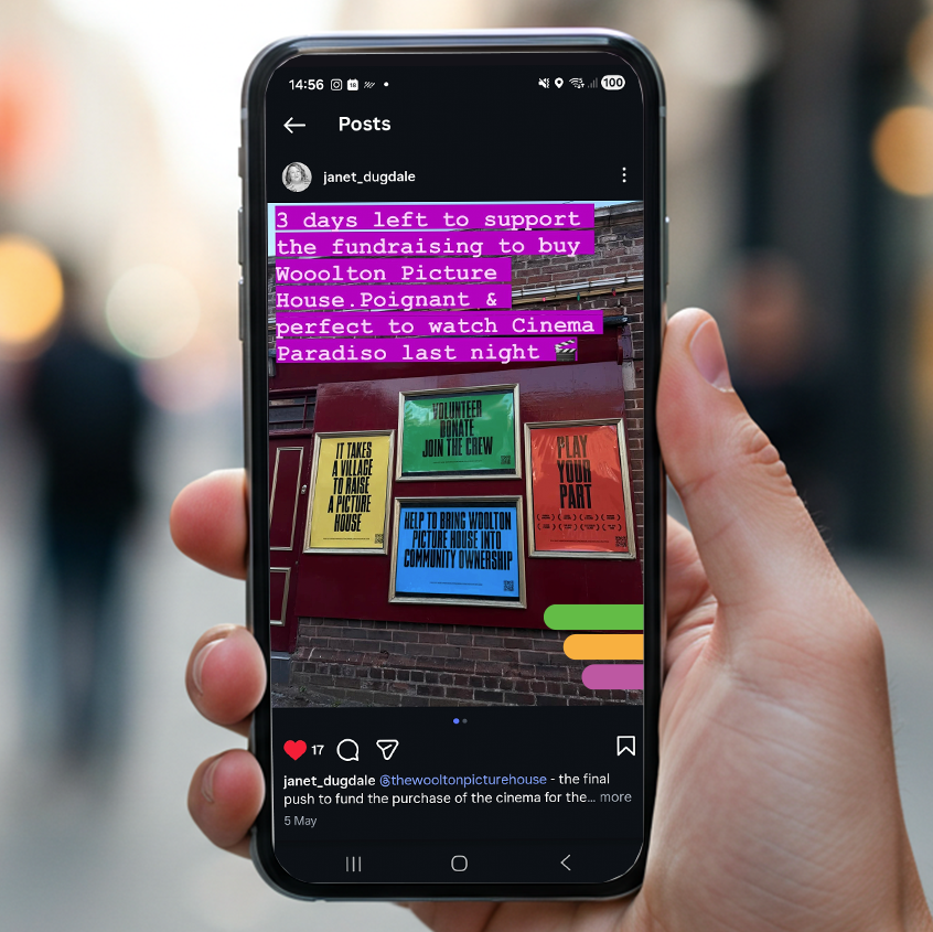 An image of a person holding a phone in their right hand. On the screen is a shot of Janet's instagram with the branding on