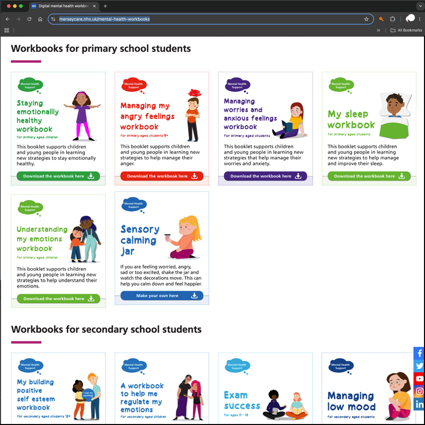 An image showing a screenshot of the Mersey Care NHS Foundation Trust website with supporting images to down load the books.