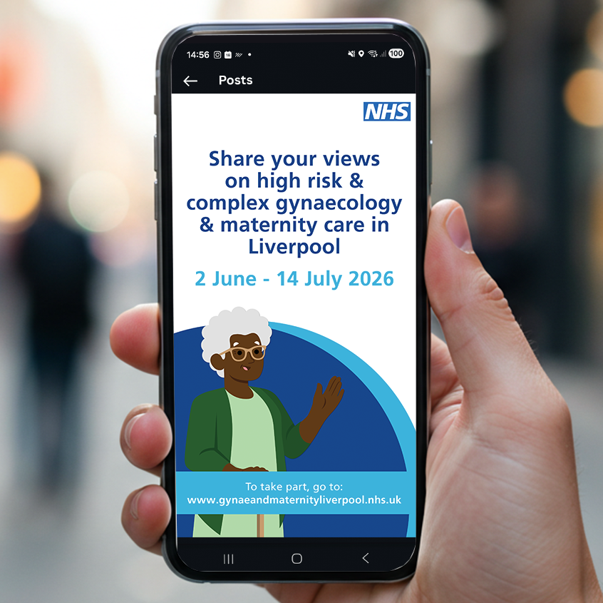 An image showing a person holding a phone. The screen is white with a dark blue circle in the bottom 2 thirds of it. The top right has the NHS logo, and there is text in blue saying share your views on complex and high risk gynaecology and maternity 