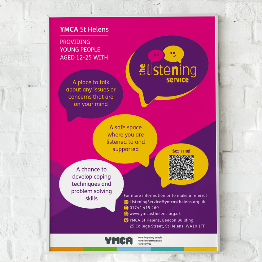 An image of a poster on a white brick wall. It shows a poster with bright pink and purple background, the speech bubble logo, three speech bubbles with service information and another with a QR code in. The standard YMCA footer is at the bottom.