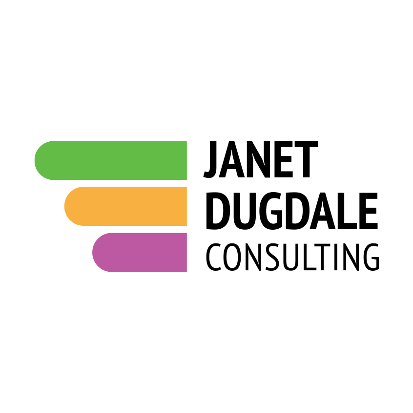 A logo saying Janet Dugdale Consulting with three rounded rectangles on the left stacked on top of each other in green yellow and pink
