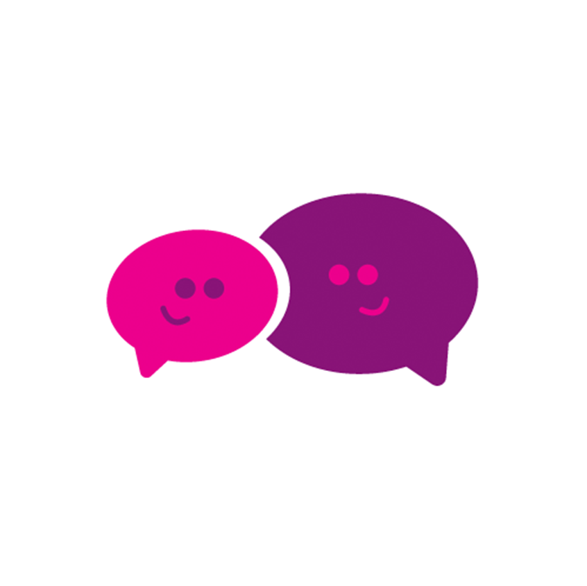 An image of the two speech bubbles with smiley faces in pink and purple