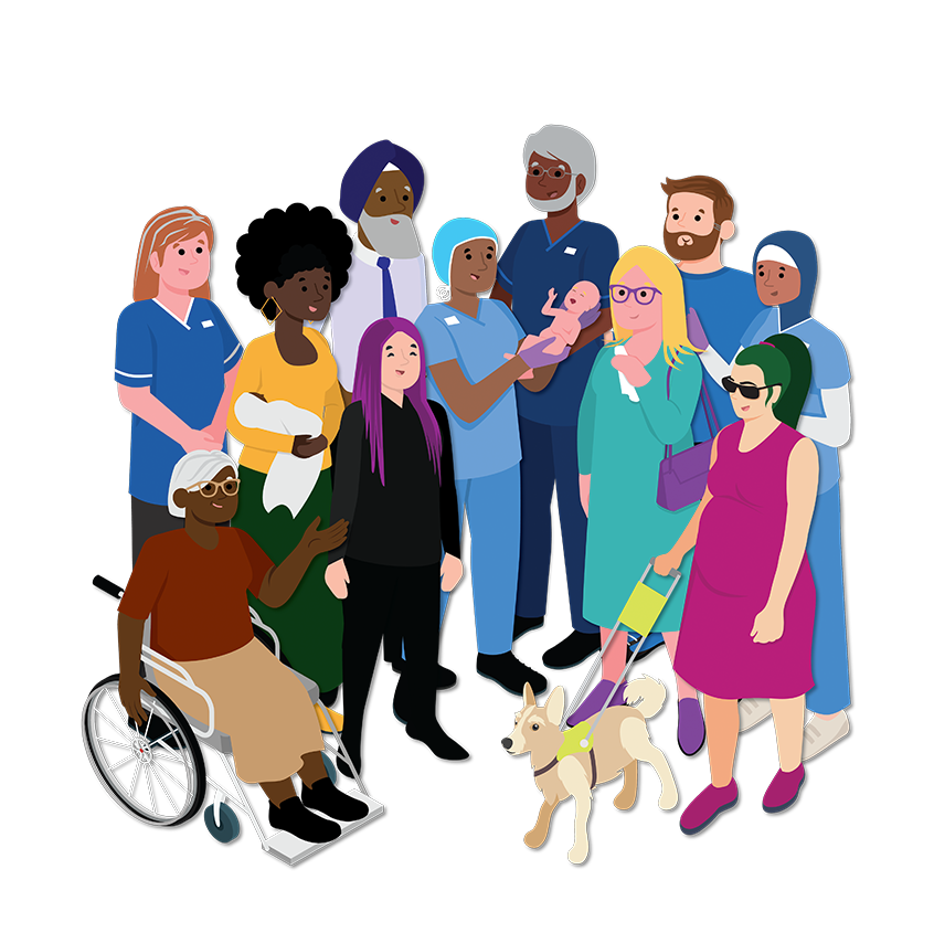 Illustration of a diverse group of people comprising a senior woman in a wheelchair, a senior middle aged white female nurse, a black women and baby, a Sikh consultant, a young teenage girl with pink hair, a brown female surgeon with baby, a senior b
