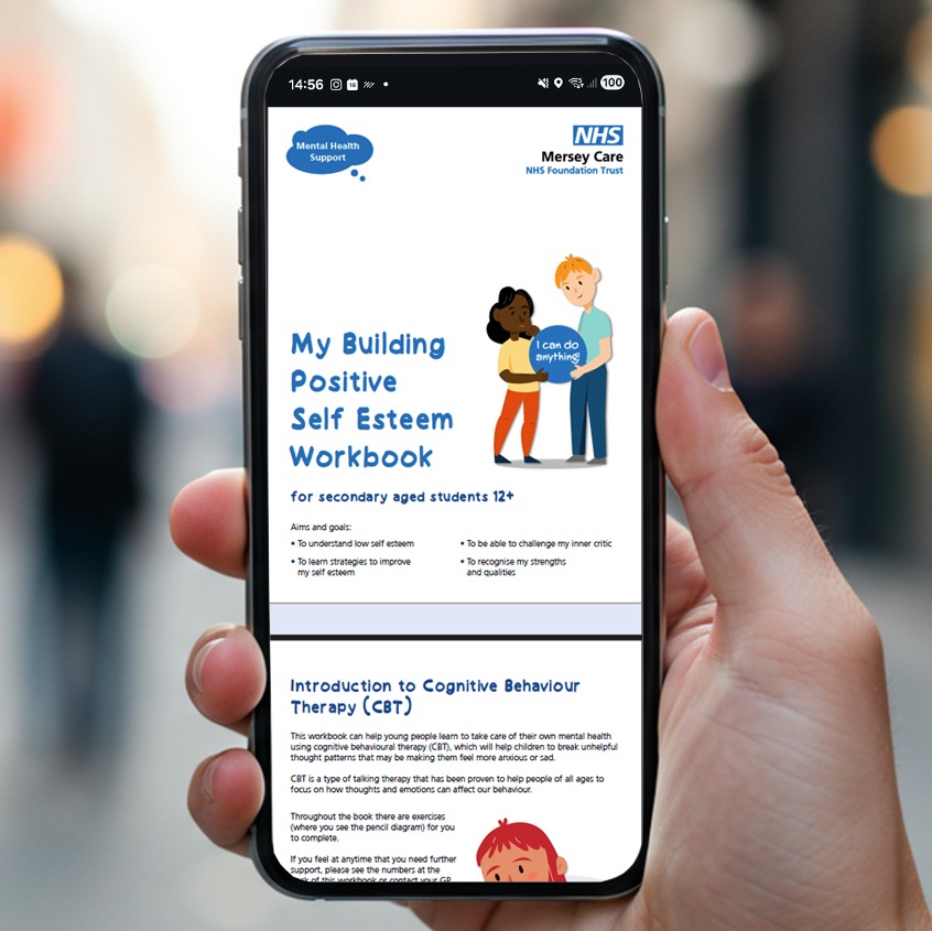 An image showing a person holding a phone. On the screen it has the My building Positive Self Esteem Workbook. 