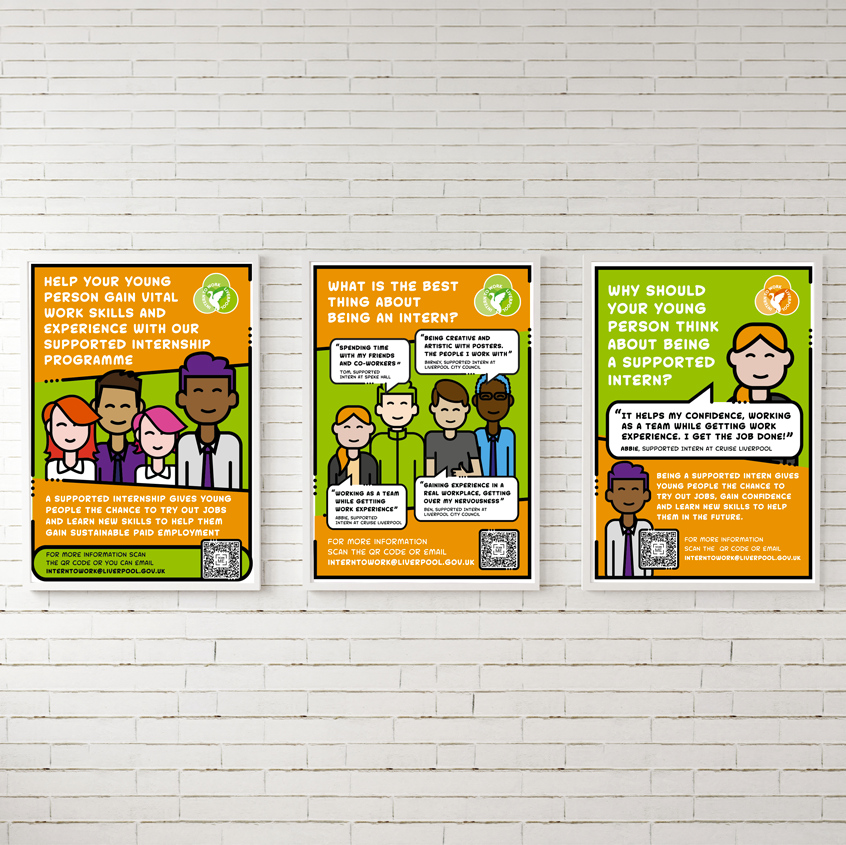 An image of three posters on a white brick wall. The posters are in the parent and carer colour way and show three different posters with different reasons why their child would benefit them from becoming an intern.