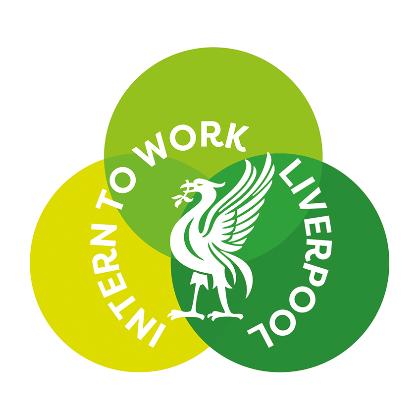 The Intern to Work logo designed by young people featuring three circles of different greens. In the centre is the Liver bird and around it text says intern to work Liverpool