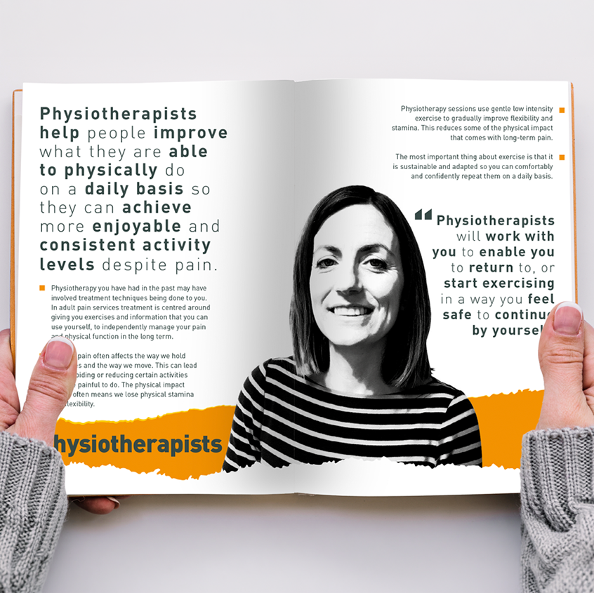 An Image of a person holding open the booklet to show a double page in the book. The page is white with a black and white image of a female psychotherapist in the middle with orange accents. 
