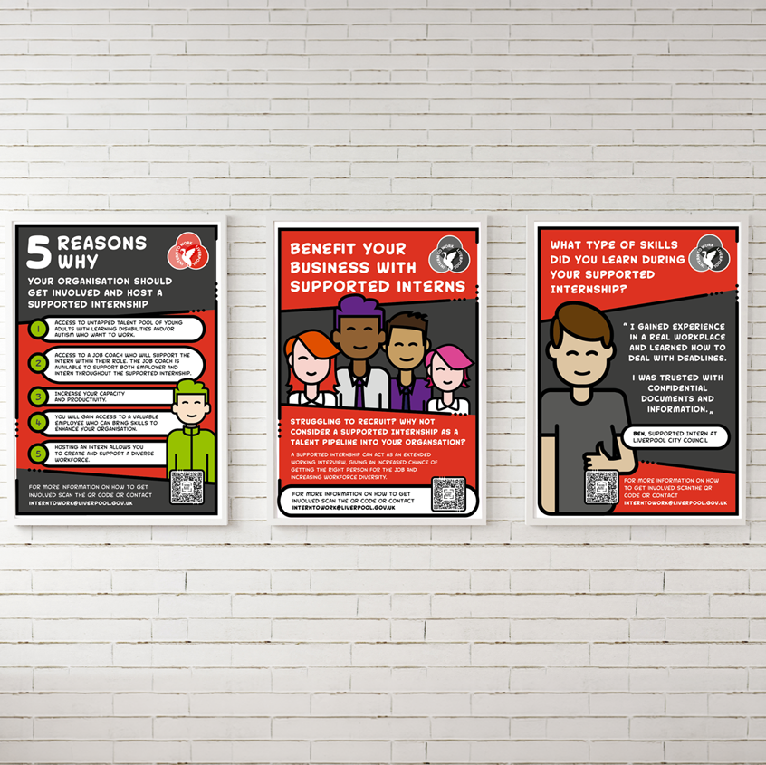 An image of three posters on a white brick wall. The posters are in the employer colour way and show three different posters with different reasons why a supported intern would benefit them.