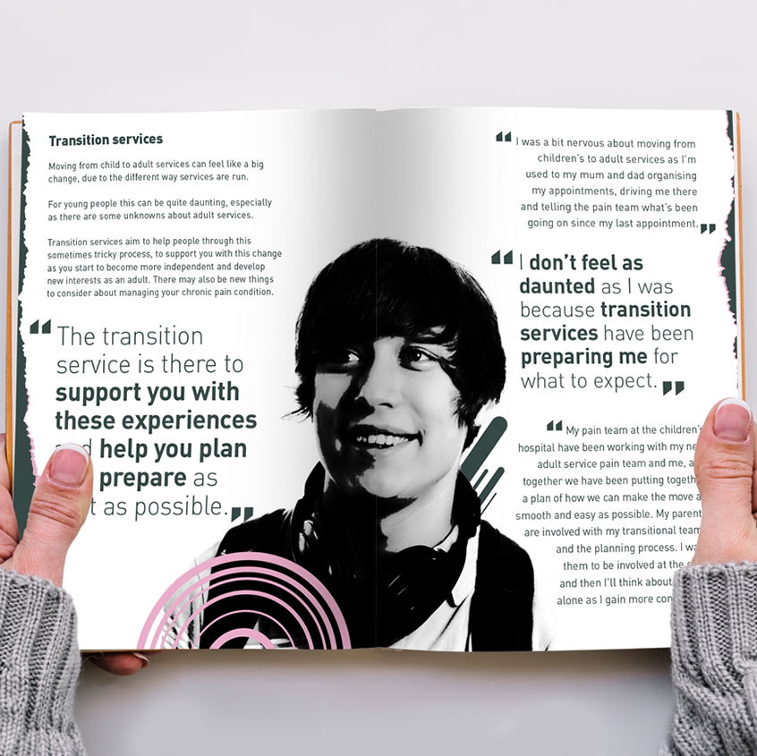 An Image of a person holding open the booklet to show a double page in the book. The page is white with a black and white image of a young man in the middle with pink accents. 