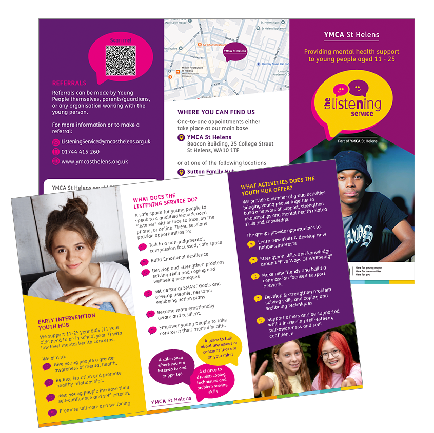 An image of the leaflet templates for the listening service. There is a purple angled device with a young man behind. The leaflet uses the speech bubbles as bullet points and graphical elements.
