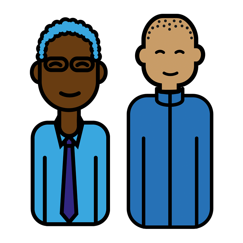 Simple illustrations of two of the interns. They have simple smiling features with a black outline.