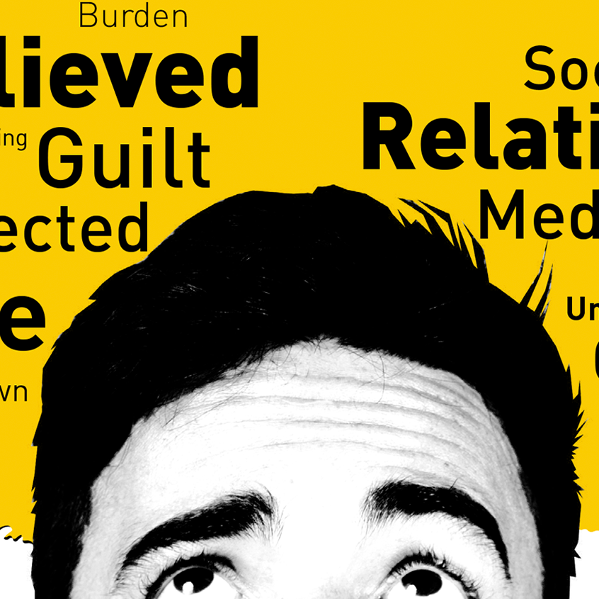 An image of the top half of a young man's face looking up. Behind him is a yellow background with words in black like believed, guilt burden, relationship, rejected around him.
