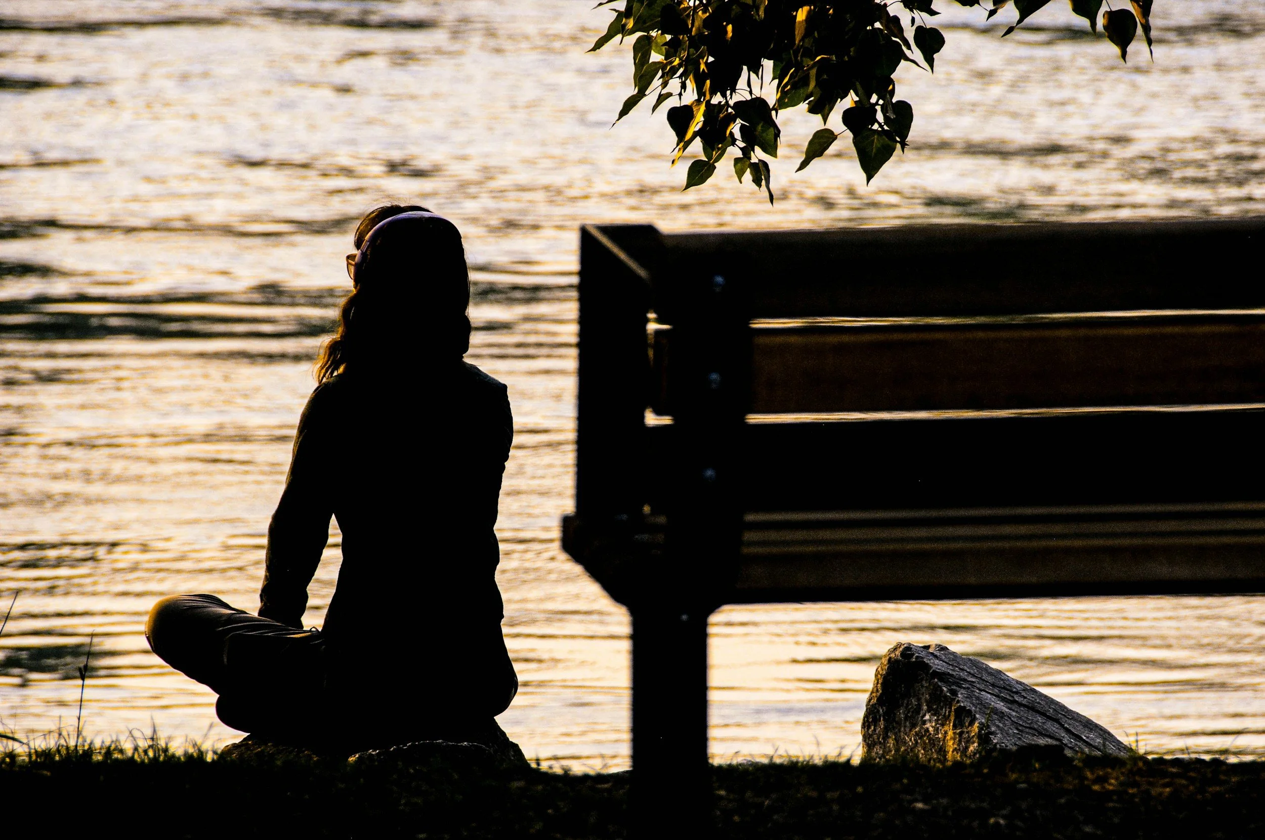 Silhouette of a person sitting by the water with headphones and a bag, near a bench, during sunset or sunrise, with leaves hanging overhead.