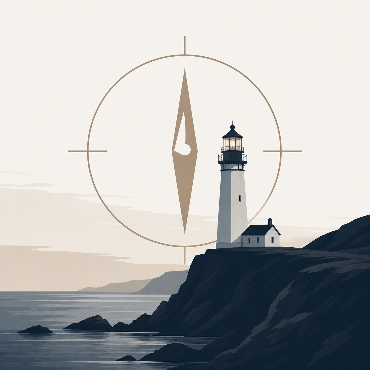 A lighthouse on a rocky coastline with a large compass overlay in the sky behind it.