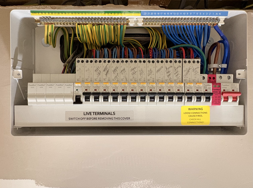 Open electrical breaker box with multiple circuit breakers and color-coded wiring inside, including yellow, green, blue, black, and red wires, with yellow warning label indicating loose connections can cause fires.