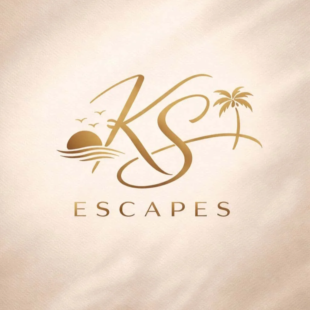 Gold logo with a sunset, birds, and a palm tree, with the words "KS Escapes" underneath.
