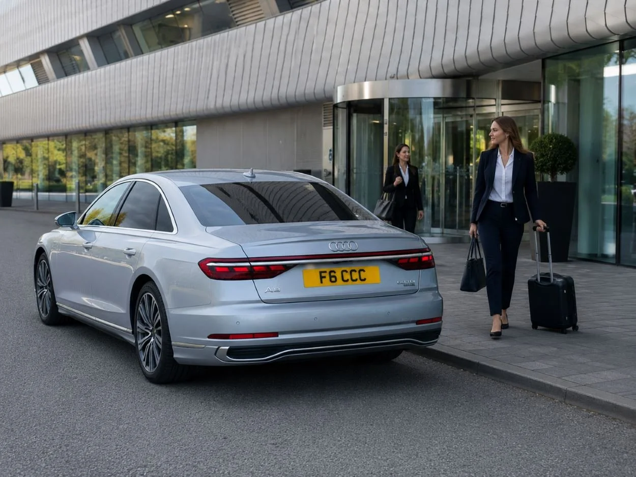 Two women in business attire walking outside a modern office building with luggage, near a silver Audi car parked on the street.