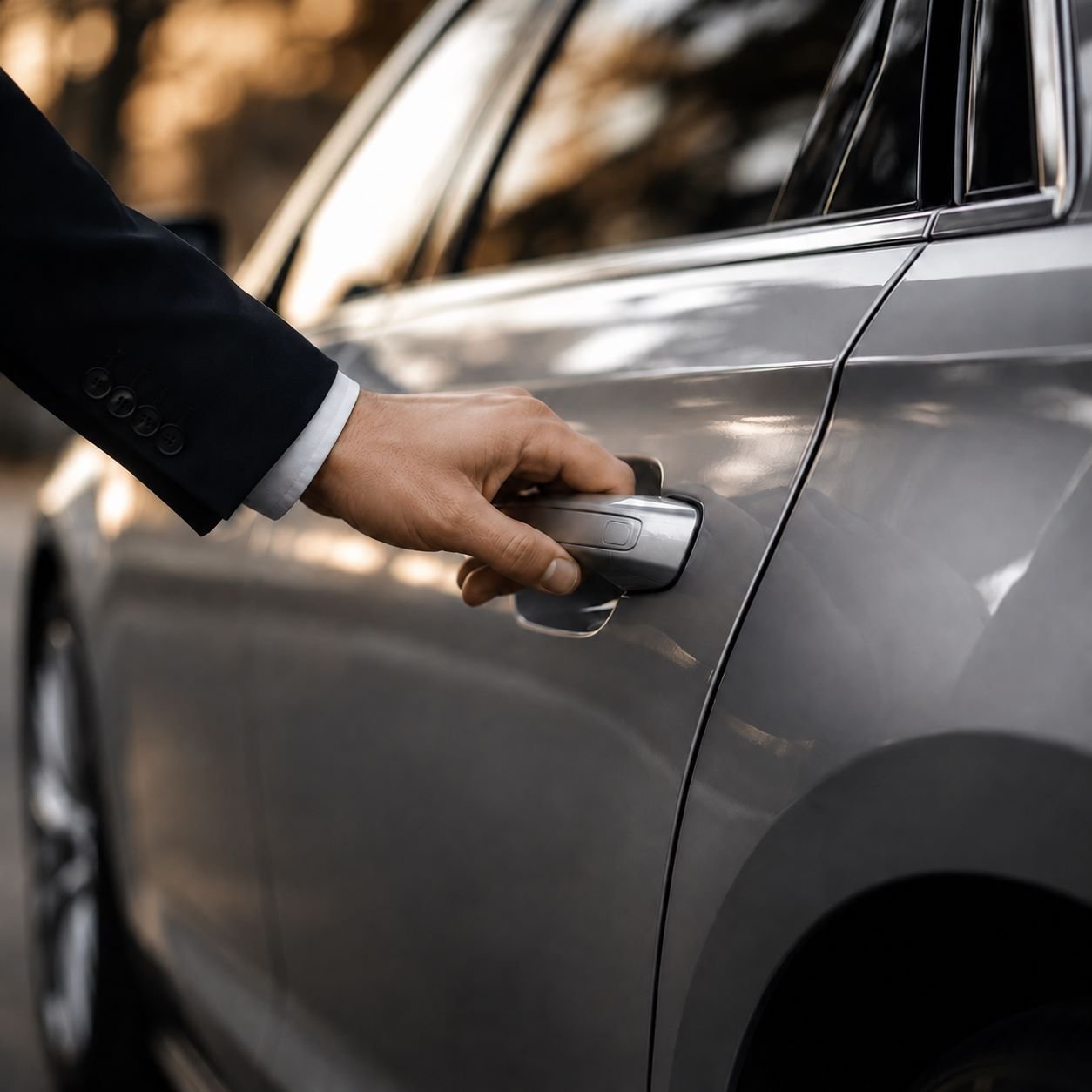 Close-up of a person in a suit opening a silver car door, with a blurred background.