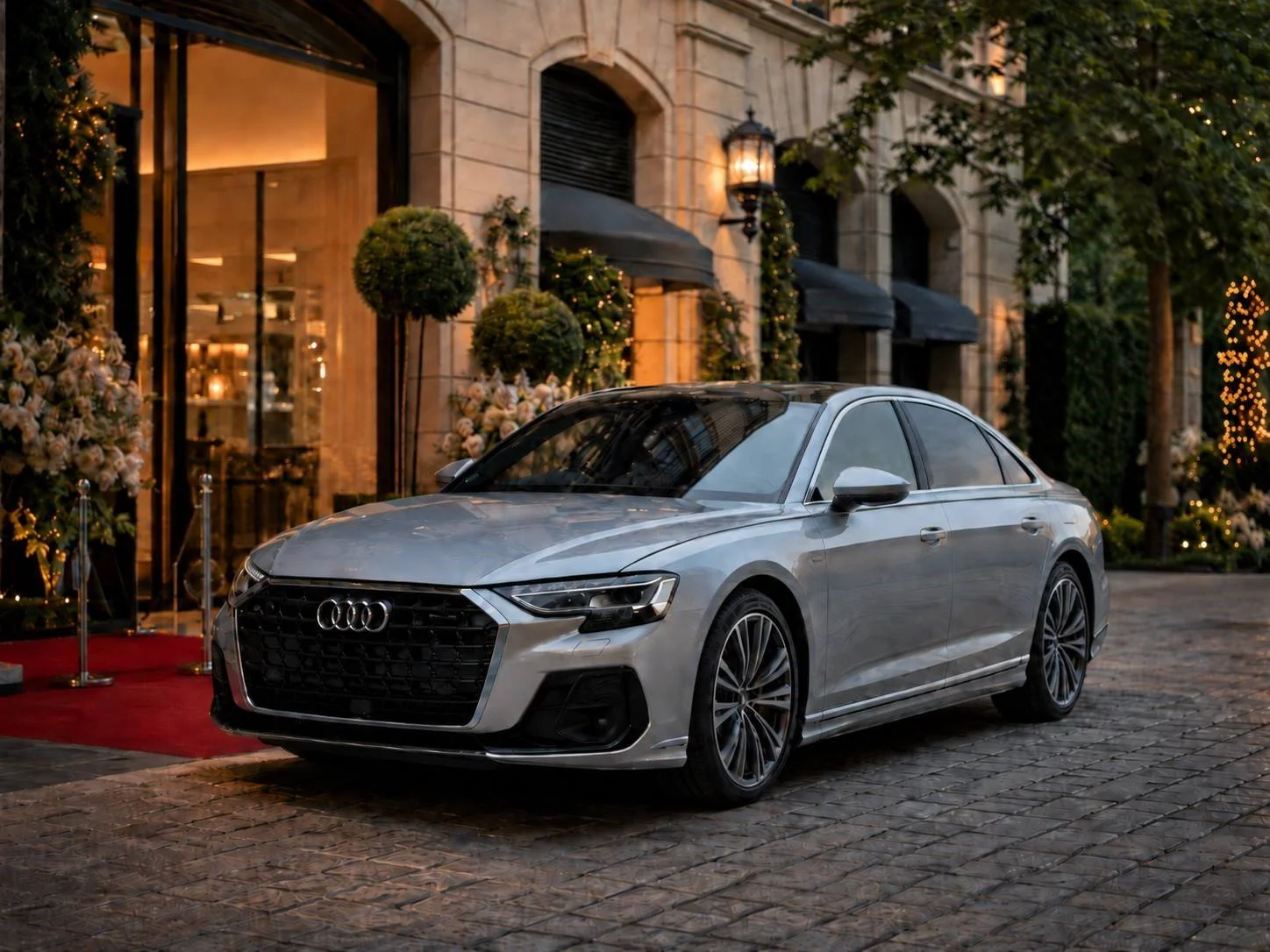 A silver Audi sedan parked outside a building decorated with holiday lights and greenery, with a red carpet and stanchions in front.
