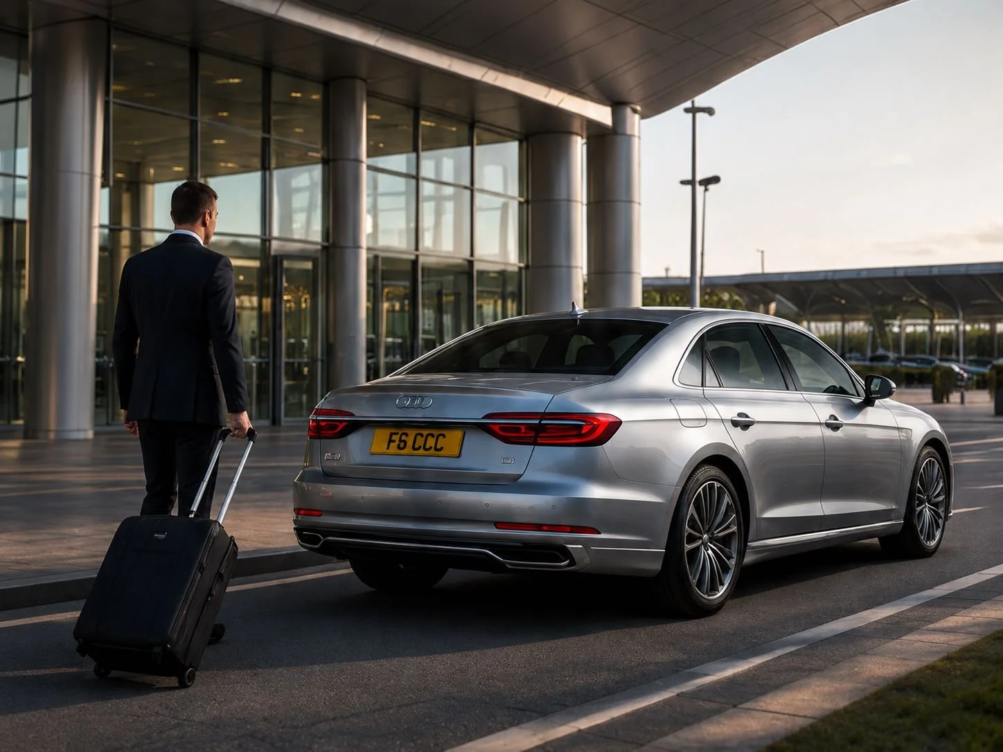 A man in a suit pulling a rolling suitcase walks toward a silver sedan car outside a modern airport terminal.