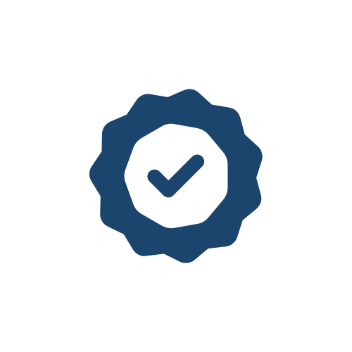 An icon of a badge with a checkmark inside, representing verification or approval.