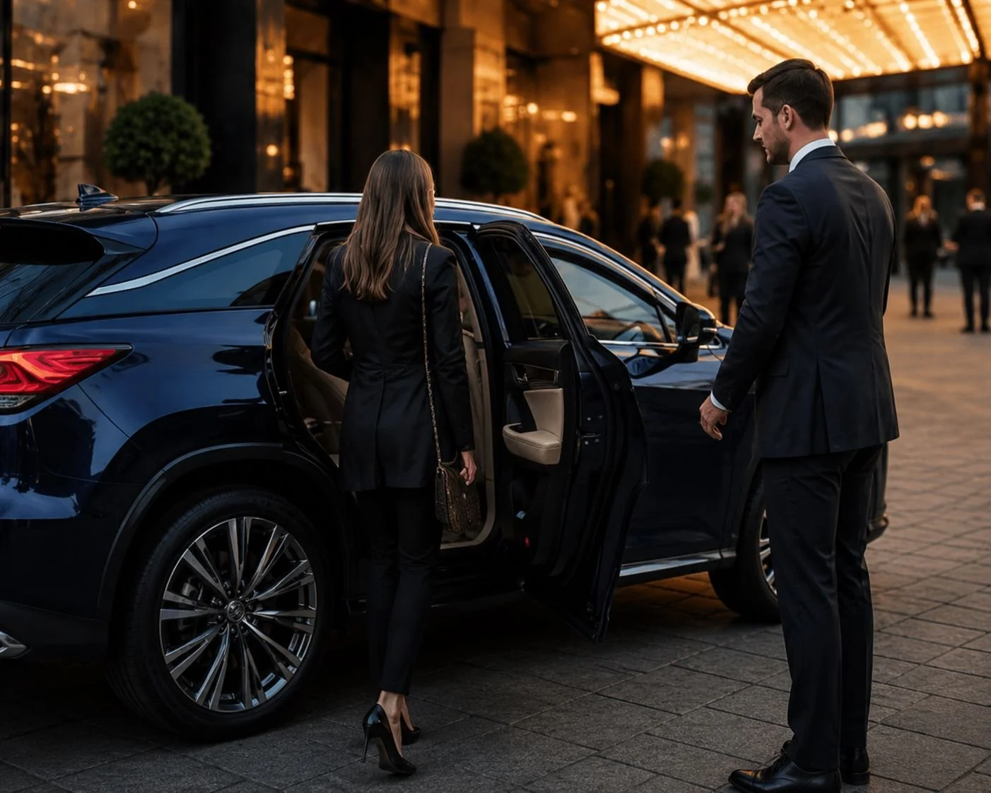 A woman in a black business suit and high heels is getting into a black luxury car, assisted by a man in a black suit, in a city with bright lights and blurred pedestrians in the background.