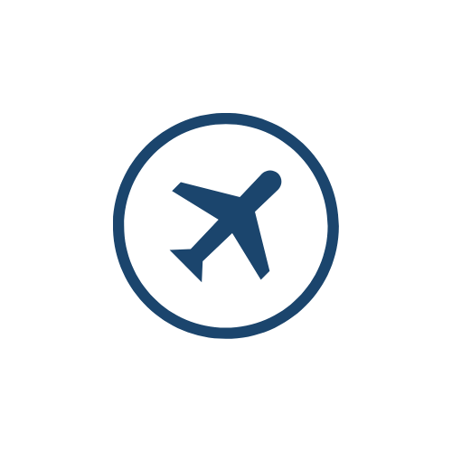 Icon of an airplane inside a circle on a black background.