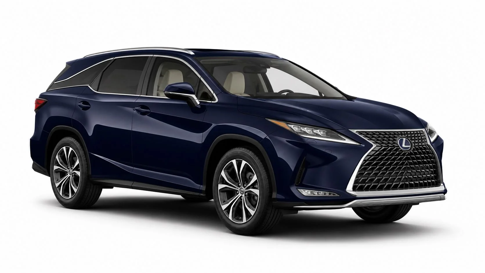 A dark blue Lexus RX SUV with beige interior on a white background.