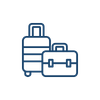 Line drawing of various types of luggage, including a backpack, suitcase, and duffel bag.