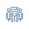 Line drawing of a robot face with two eyes and a mouth, outlined in blue.
