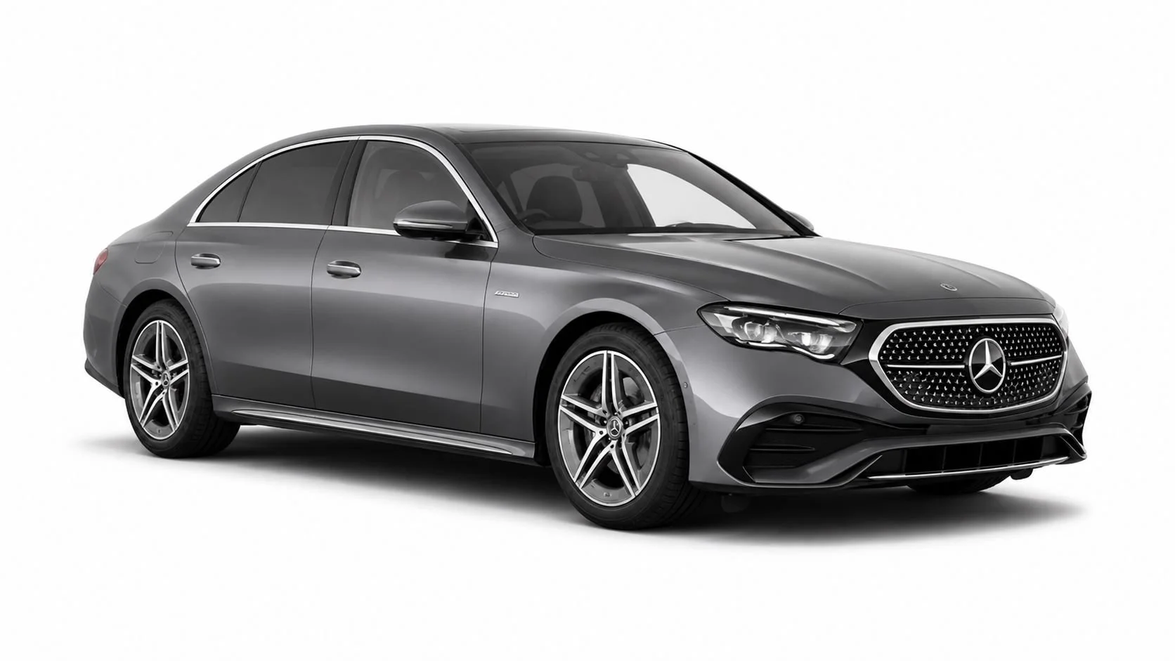Gray Mercedes-Benz sedan with sleek design, large front grille, and alloy wheels, positioned on a plain white background.