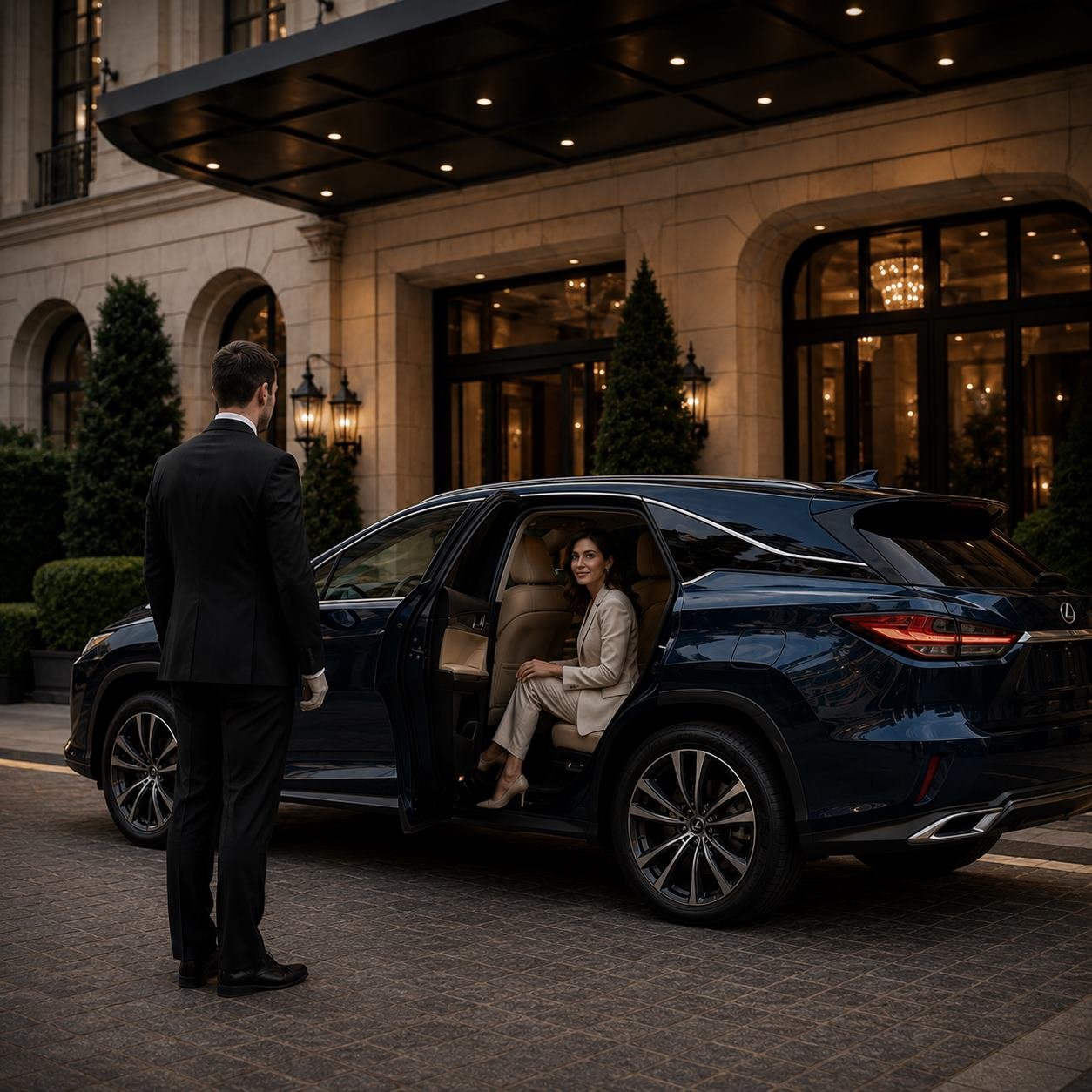A woman in a beige suit sitting in the back seat of a black luxury SUV, smiling and looking at a man in a black suit standing outside the vehicle. The scene is outside a fancy building with glass doors, lighting, and decorative plants.