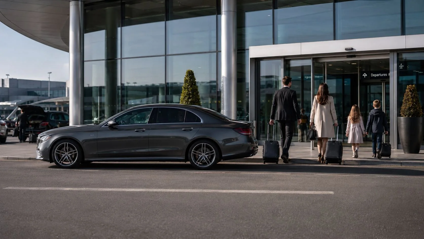 A family of four walking into an airport terminal carrying suitcases, with a black luxury sedan parked in front, and other cars and the airport building in the background.