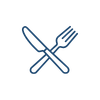A fork and knife crossed, stylized icon.