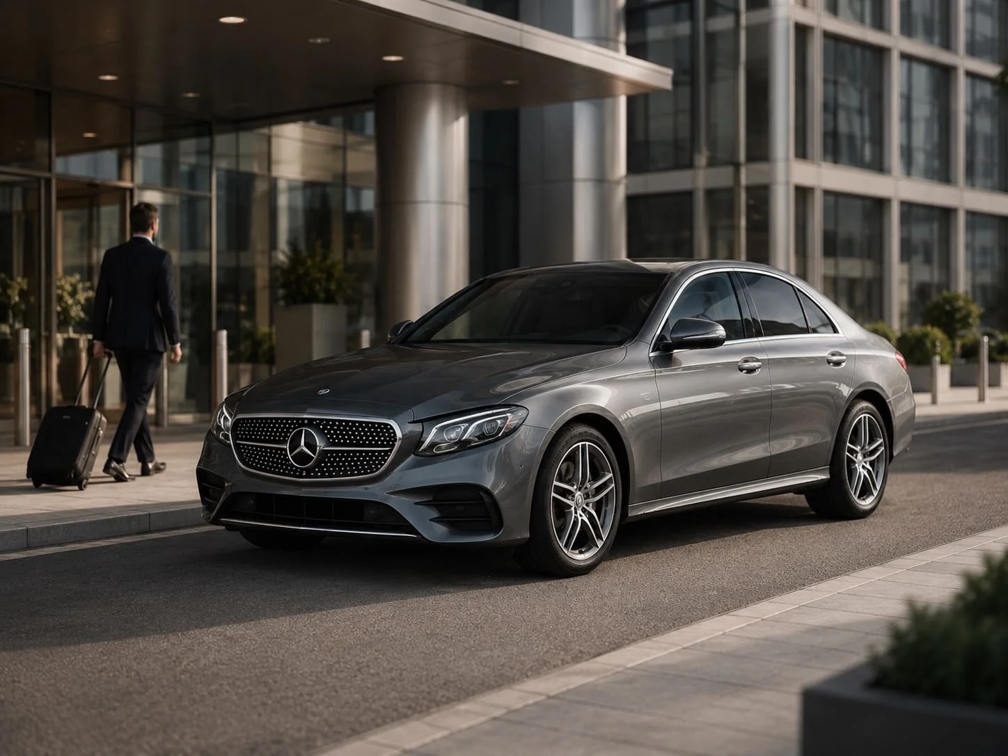 A gray Mercedes-Benz sedan parked in front of a modern office building, with a man in a dark suit pulling a suitcase nearby.