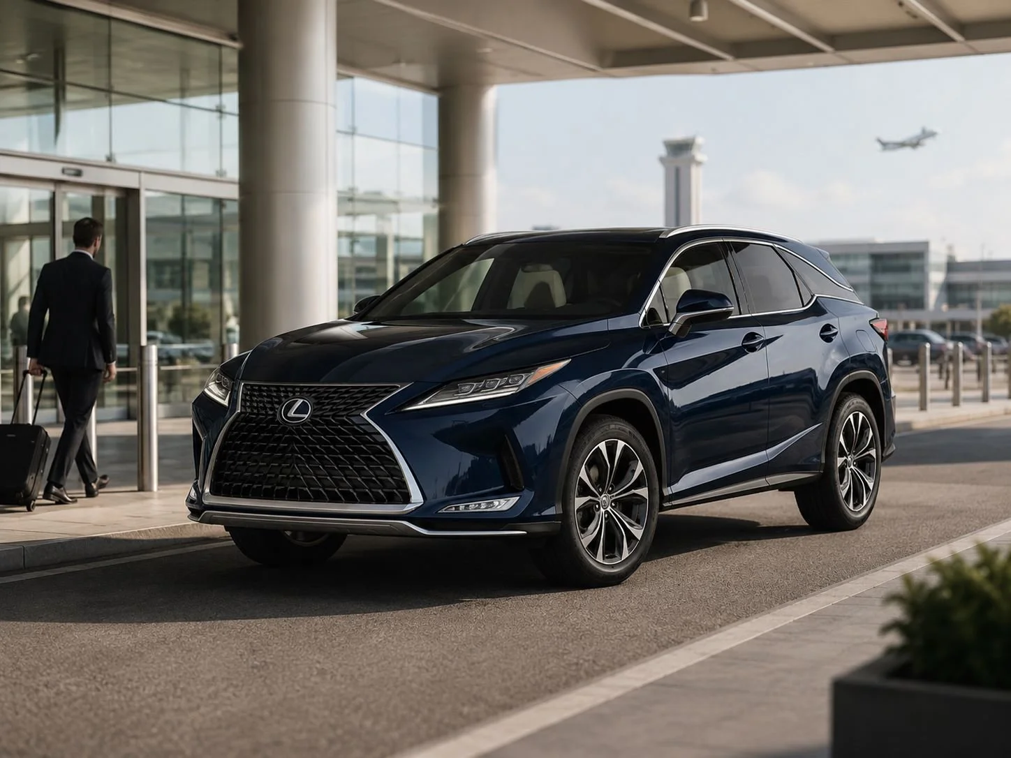 A dark blue Lexus SUV parked outside an airport terminal with a man in a suit pulling a suitcase in the background.