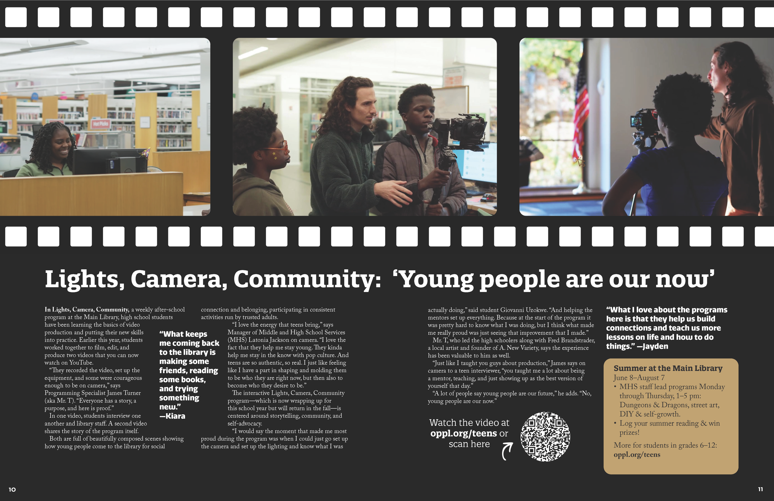 Magazine spread with photos and stories from the teen after school film making program