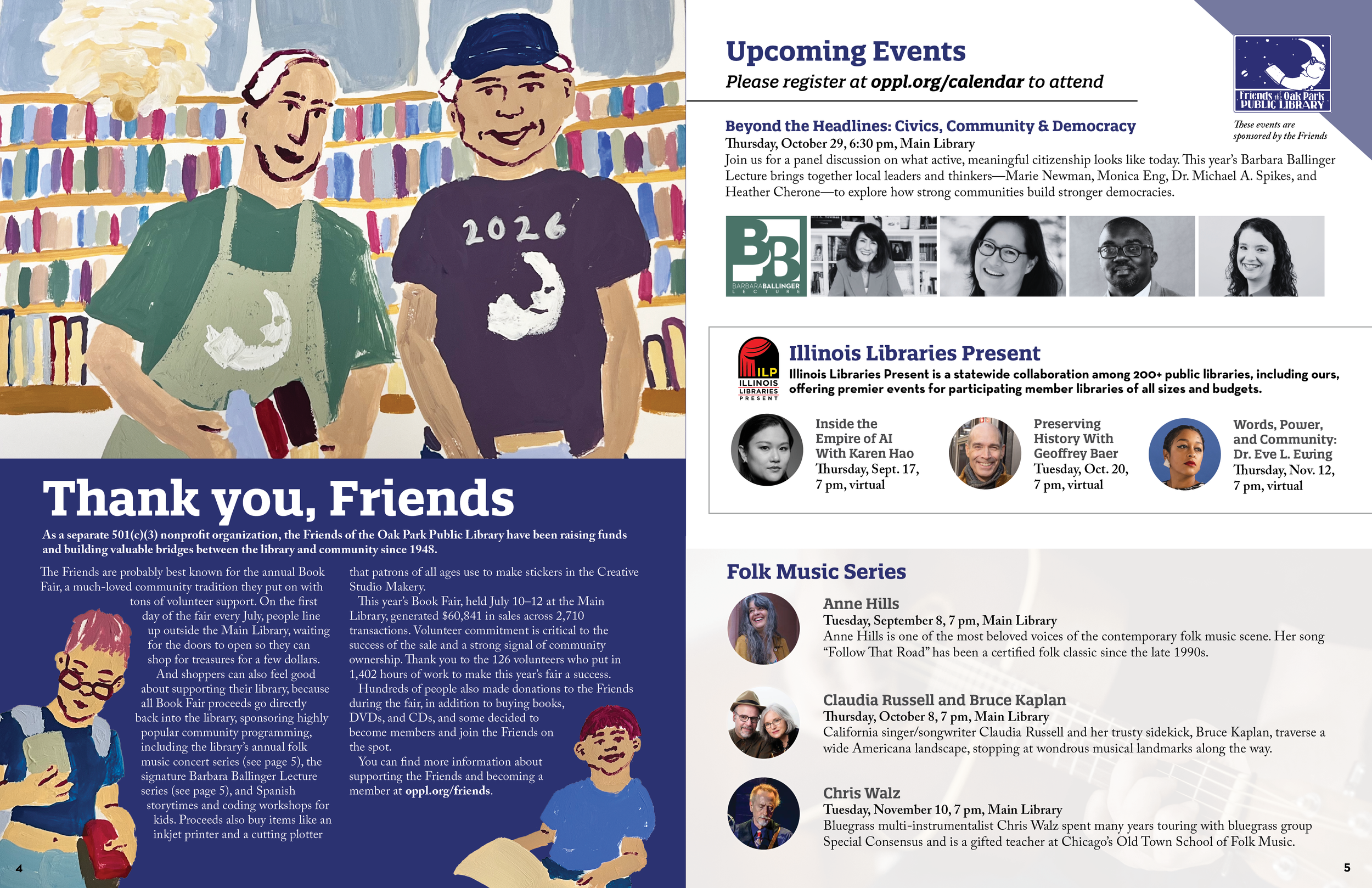Magazine spread highlighting the Friends organization and their annual Book Fair plus the events they sponsor