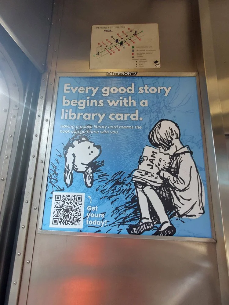Ad featuring Winnie the Pooh in the Metra train car