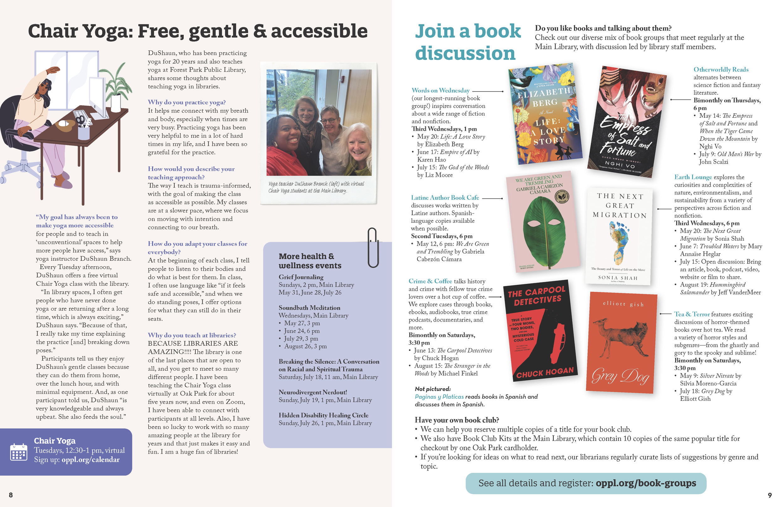 Magazine pages with information about Chair Yoga and book discussion groups