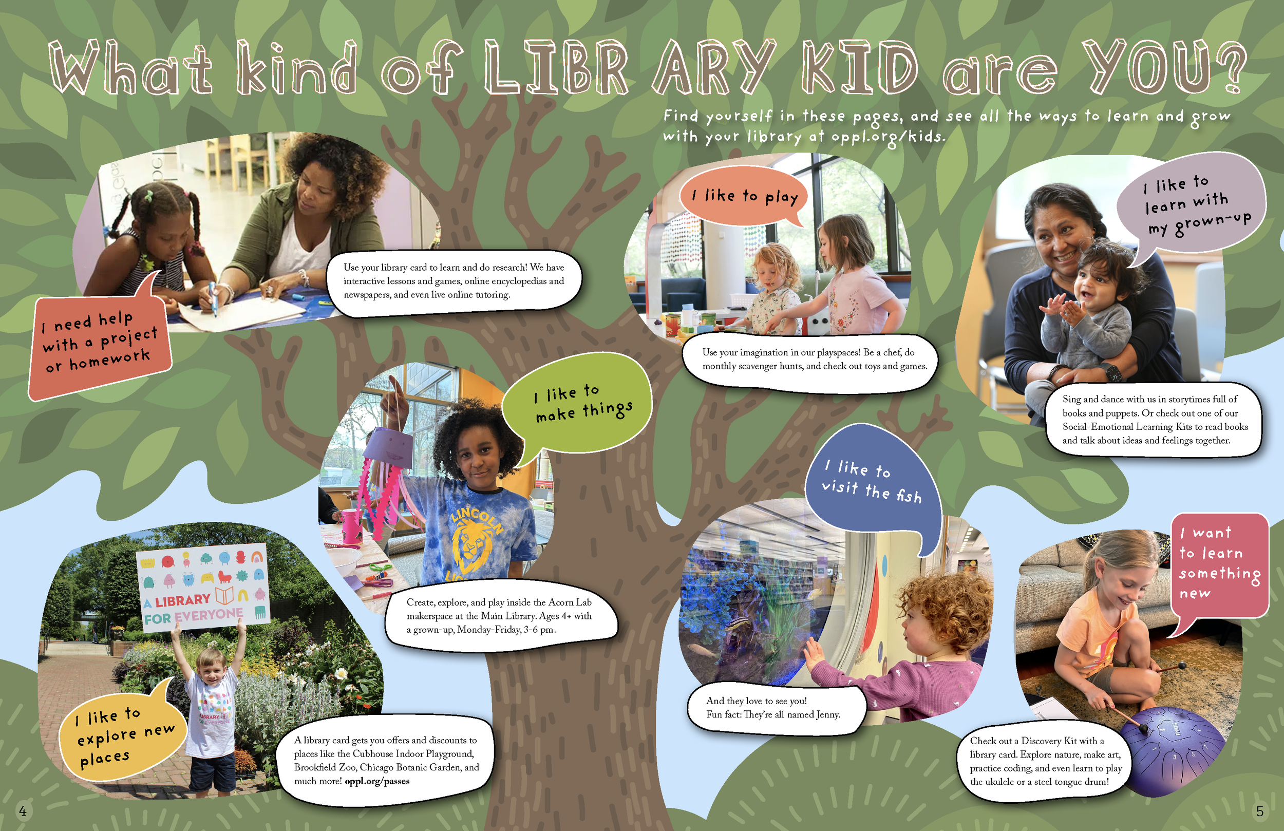 Magazine spread highlighting the different ways kids engage with the library