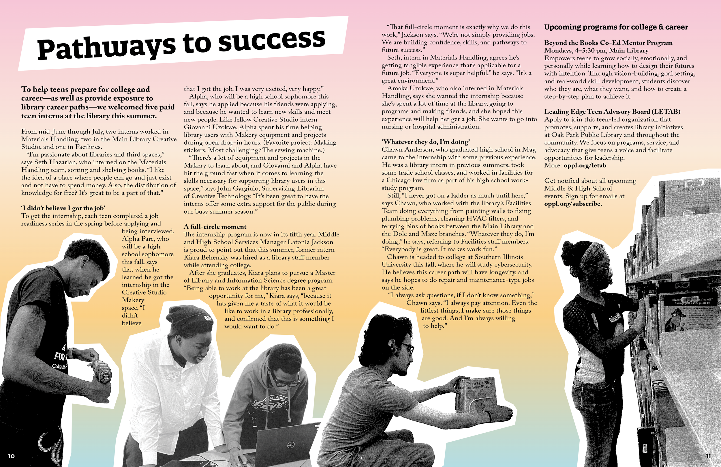 Gradient background with cut-out photos of teen interns at the library