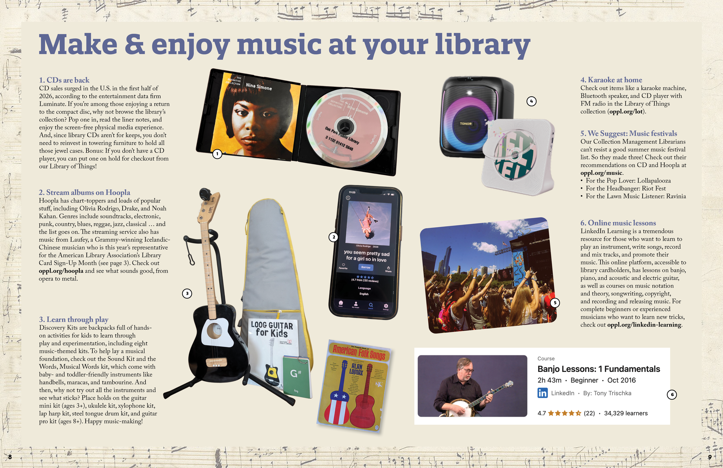 Six ways that library patrons can make and enjoy music at the library; more information at oppl.org/music