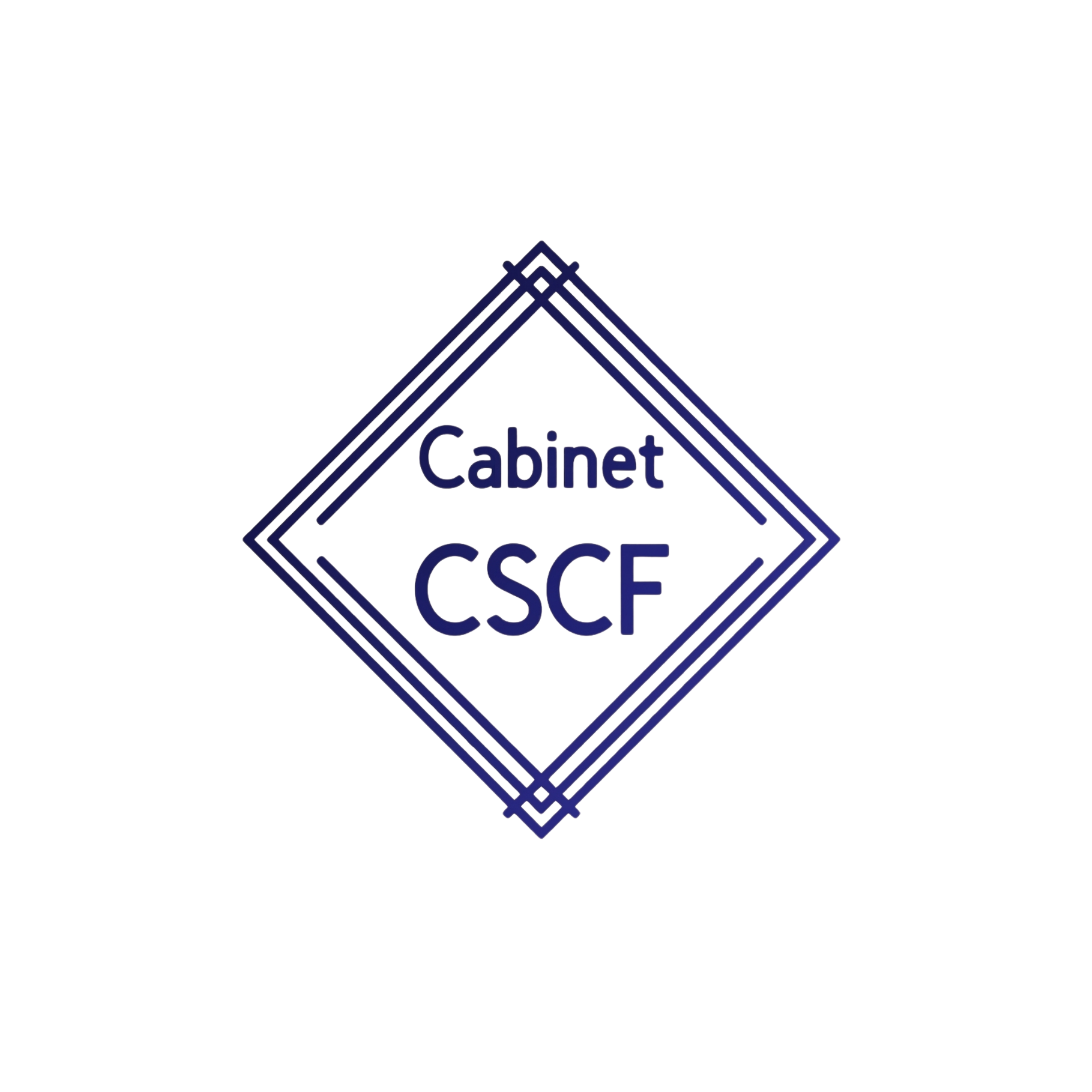 Logo avec le texte 'Cabinet CSC' en lettres bleues dans un cadre en forme de maison stylisée avec un toit en angles inclinés et un fond noir