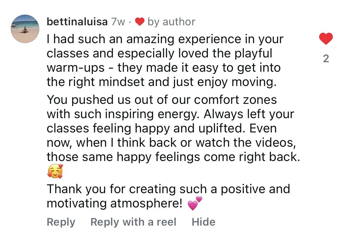 Instagram comment praising an instructor for a positive, energizing class experience, mentioning warm-ups and playful energy.