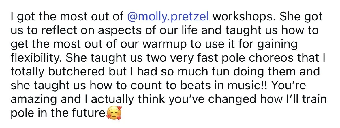 Review pole dance workshop with Molly Pretzel