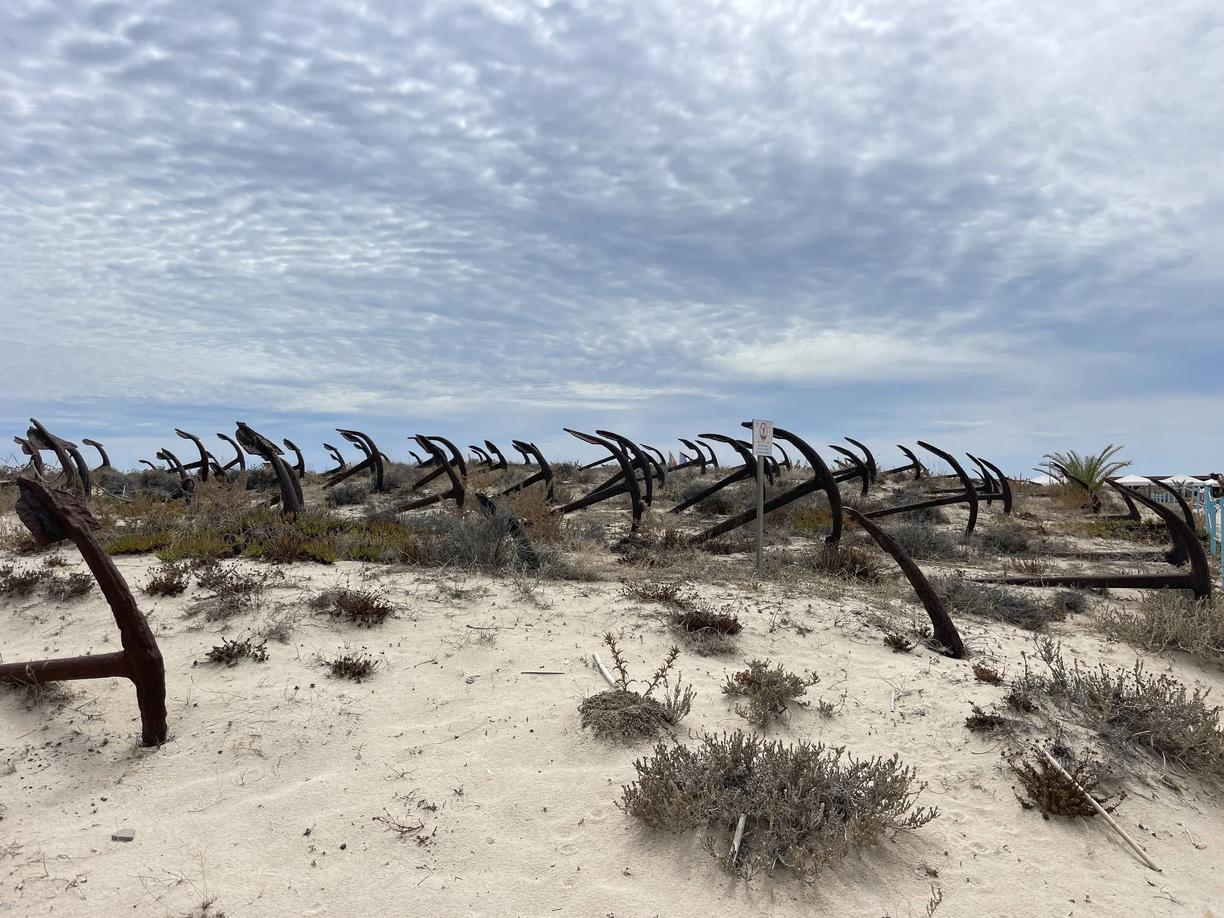 A film and photo location in Portugal from walnut films, A row of rusted ship anchors lined up on sandy terrain with sparse desert vegetation under a cloudy sky.